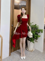 [Voucher 50k Freeship Max 0 đồng toàn quốc] Đầm nhung tay phồng lệch tà hàng cao cấp cổ vuông sang c