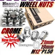 CROME Hexagon Wheel Nuts Set 19mm 21mm - 16 Pieces M12* P1.50 Sport Rim Nut Tyre Allen Key Socket Air Impact Wrench Jack