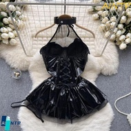 AINTP Leather Halter Dress - Gothic Lace-Up Halloween Costume