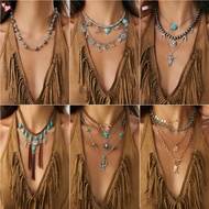 Western Necklaces Boho Layered Charm Necklace for Women Turquoise Beaded Choker Ox-head Pendant Neck