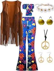 Hippie Clothes 60s 70s Outfit For Women Fringe Vest Flared Pants Costume Peace Sign Necklace Earrings