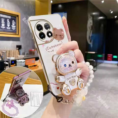 11R Lucky Bear Holder Bracelet Plating Phone Case For Oneplus 11R 11Pro 10Pro 11 10T 10R 9R 9 9RT 9P