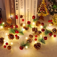 Christmas Garland with String Lights 10 Ft 30 LED Pine Cone Red Berry Bells Garland Lights, Indoor C