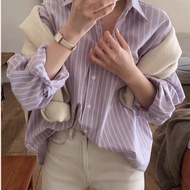 515 HYK SHOP🇲🇾 Korean Style Striped Shirt Women Loose Fit Long Sleeve Blouse Casual Purple Top