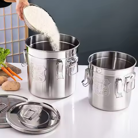 6L/12L Food Storage Bucket，Household Kitchen 304 Stainless Steel Bean Cereal Rice Container Airtight