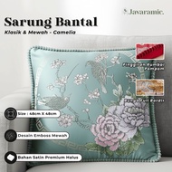 Javaramic Premium Satin Sofa Cushion Cover with Camellia Flower Embroidery, Full Embossed, 48x48cm, 