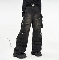 อเมริกัน High Street Vintage กางเกงยีนส์ผู้ชายขากว้างหลวม Street Hiphop ตรงกางเกงสบายๆหลายกระเป๋า