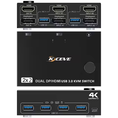 KCEVE DP HDMI USB 3.0 Dual Monitors Displayport KVM Switch,Supports 4K@60Hz for 2 Computers Share Ke