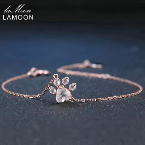 LAMOON Paw 5X5.5mm 100% Natural Heart Pink Rose Quartz 925 Sterling Silver Jewelry Rose Gold Chain C