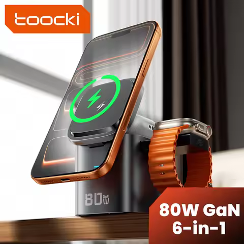 Toocki 80W 6-in-1 GaN Charging Station for Magsafe 15W PD 65W Retractable 60W Cable Wireless Charger