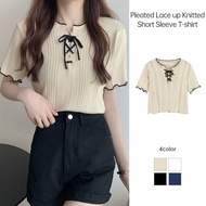 Ruffle Edge Lace Up Short Sleeved Knitwear Summer Korean Version T-shirt Short Top Women BE