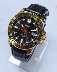 Win Watch Shop นาฬิกาข้อมือ Casio รุ่น MTP-VD01GL-1E ผู้ชายสายหนังสีดำ ขอบหน้าปัดสีทอง - มั่นใจ ของแ