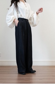 復古休閒高腰垂順牛仔褲深藍黑色寬直筒闊腿褲