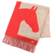 全新 △HERMES Love Story 羊絨 Ecarlato/Beige Cine 流蘇圍巾，RED/米色，英國製造，女士款