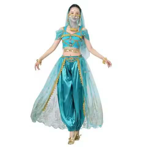 Women's Belly Dance Halloween Performance Costumes Pants Suit Aladdin Jasmine Princess Dress Up Part