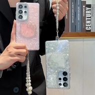 IMD Laser Pattern Phone Case For Samsung 24 25 FE Plus Ultra Fashion Kitty Cat Diamonds pearl Lanyar