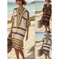 Digital Printed Striped V-Neck Loose Boheia Mid-Sleeved Dress Dress FT1X