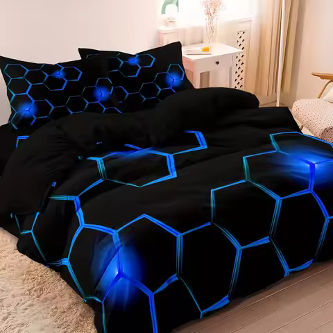 3Pcs Blue Black Geometric Honeycomb Pattern 3D Print Quilt Cover Set Soft Comfortable Doona Duvet Co