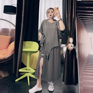 [Plus Size] (40-150kg)大码女装200斤胖MM300宽松设计感不对称夏季短袖T恤半身裙两件套 bigsize Oversize Large