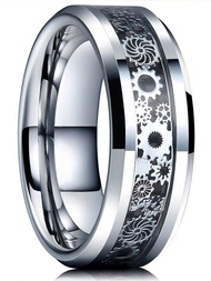 1入復古工業風銀色齒輪不鏽鋼戒指,墊黑色碳纖維戒指,男性結婚戒指飾品