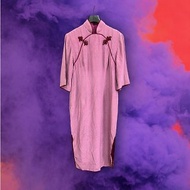 二手 淺紫色 滑面 印花 輕薄 緄邊 古董訂製 短袖 旗袍 G206