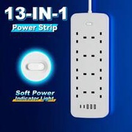 1pc 13-In-1 British Standard Power Strip With 8 AC Outlets, 3 USB Ports, 2 Type-C Ports, Overload Pr