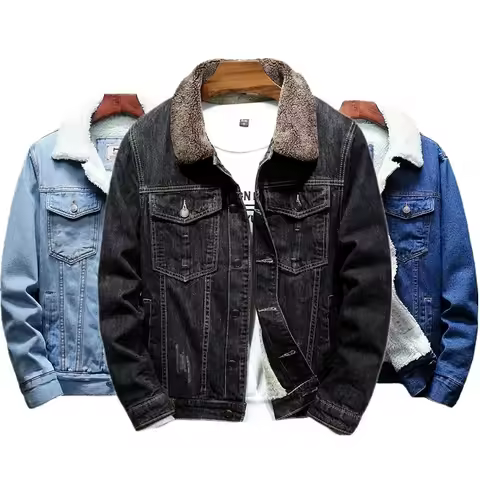 Winter Blue Men's Thick Warm Jackets, Fashion Boutique Solid Color Denim Jacket / Black Fleece Coat 