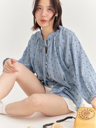 Theremin New Eza blouse (navy dot) เสื้อเชิ๊ตลูกไม้คอจีนแขนยาว