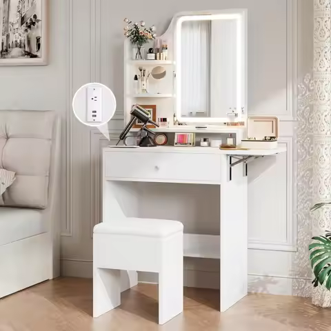 Small Vanity Desk with Mirror and Lights, Makeup Vanity with Charging Station, Compact Dressing Tabl