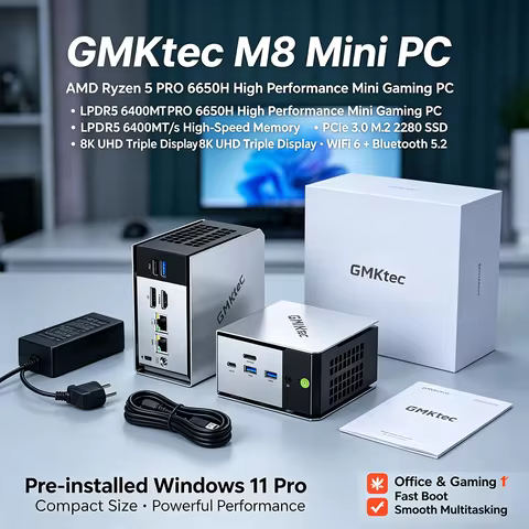 GMKtec M8 Mini PC Ryzen 5 Pro 6650H 16GB LPDDR5 6400MT/s 512GB M.2 SSD Windows 11 Pro WIFI6 BT5.2 8K