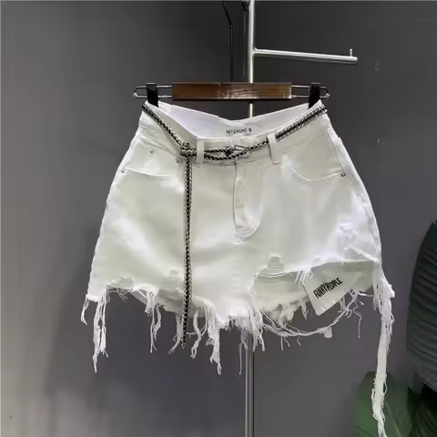 New Korean White Raw Irregular Denim Skirt Women's Anti-Walk Naked Hole Pocket Exposed Short Skirt