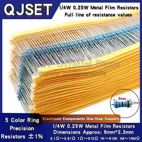 100pcs 1/4W Metal Film Resistor Element 1% 0.25W 1K 1.5K 2.2K 4.7K 10K 22K 47K 100K 470k 100 220 4K7
