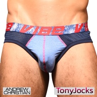 Andrew Christian Underwear Vibe - Vibe Stripe Sports Mesh Brief - NAVY/WHITE by TonyJocks ทรงบรีฟ สีน้ำเงิน โลโก้แดง ออกกำลังกาย กกนผช กกนผู้ชาย กางเกงในผช กางเกงชั้นในผช