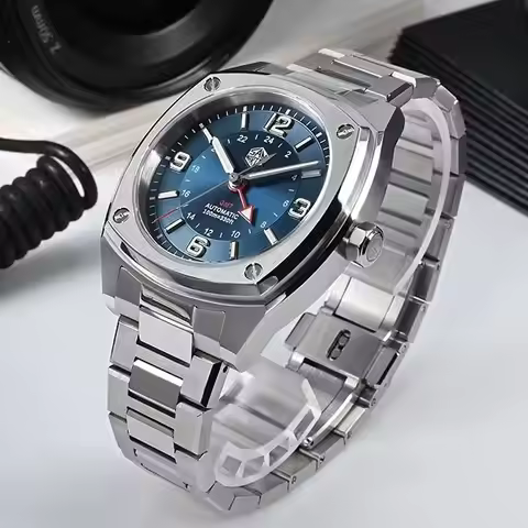 San Martin Men Automatic Watch 40MM GMT Square Mechanical Wristwatch Sapphire 100M Waterproof BGW-9 