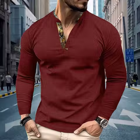 Men's Waffle Knit Long Sleeve Henley Shirt Casual Button Placket Soft Breathable Lightweight Streetw