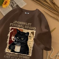 Hub Tshirt Oversized Short Sleeve T-Shirt with Black Cat and Coffee Korean Style Motif | Cotton Mate
