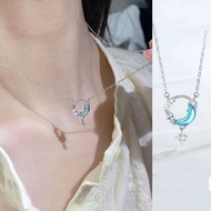 Korean Simple Aquamarine Moon Star Galaxy Style Pendant Zircon Crystal Women Fashion Rose Gold S925 Sterling Silver Necklace