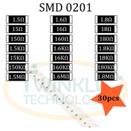 Resistor SMD 0201 1.5 ohm, 1.6 ohm, 1.8 ohm,  15 ohm, 16 ohm, 18 ohm, 150 ohm, 150K ohm, 160K ohm, 180K ohm 5% 30 pcs