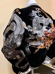 พร้อมส่งจากไทย เสื้อปักมังกร สไตล์ญี่ปุ่น ผ้ากำมะหยี่ sukajan jacket เสื้อปักลายมังกร เสื้อแจ็คเก็ตญ