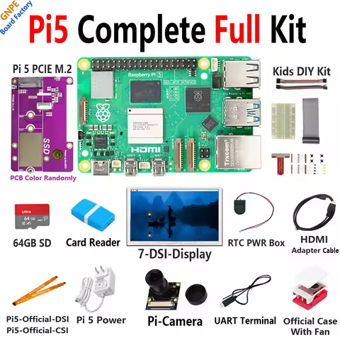 Raspberry Pi 5 Complete Full Kit PCIE-NVME-SSSD + LCD + CASE + Power + DIY + UART-Cable +RTC-BOX +SD