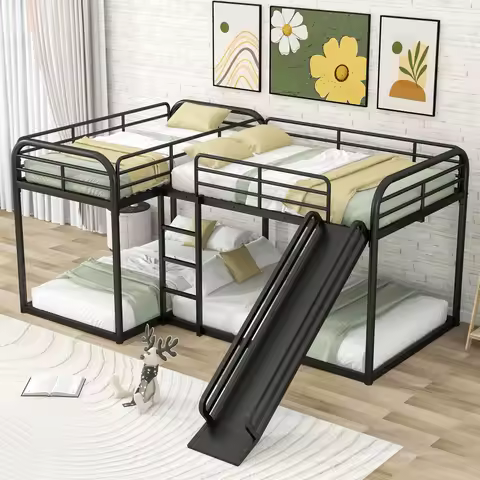 Full and Twin Size L-Shaped Bunk Bed with Slide and Short Ladder, White Bunk Bed with Slide Bunk Bed