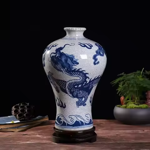 Jingdezhen Dragon Pattern Ceramic Vase Antique Official Kiln Porcelain Chinese Flower Arrangement De