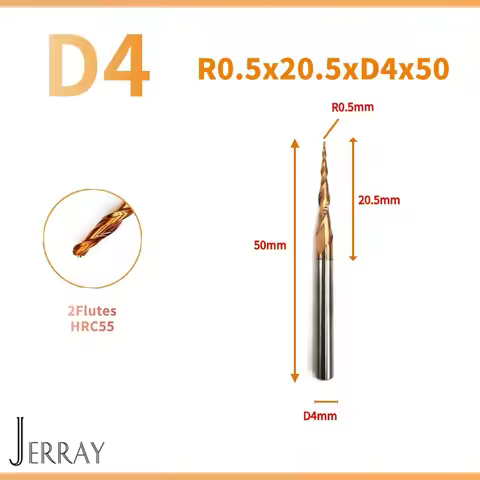 JERRAY R0.5X20.5XD4X50mm HRC55 solid carbide Tapered Ball Nose End Mills 2D 3D Carving Bits Milling 