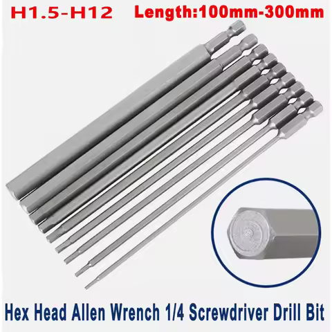 Extra Long 100mm-300mm S2 Steel Hex Head Allen Wrench 1/4" Screwdriver Drill Bit Magnetic H1.5,H2,H2