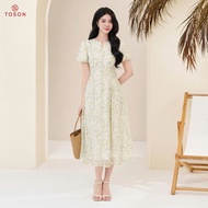 Green floral silk dress with flared pleats 43049X95 Toson