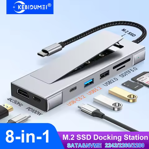8-in-1 M.2 SSD Docking Station with Disk Storage Function USB HUB SATA+NVME USB C HUB 4K30Hz/10Gbps/