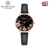 VICTORIA HYDE London นาฬิกากันน้ำสำหรับผู้หญิงนาฬิกาทองคำสีกุหลาบทรงกลมพิมพ์ลายดอกไม้แท้หนังแท้และสเตนเลสสายเหล็ก