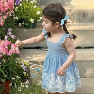 Baby Girl Woven Embroidered Pattern Square Neck Ruffle Hem Fitted Dress Girls Summer Dresses Spring