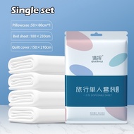 [SG] Disposable Travel Bedding Set Hotel Bedding Set Bed Sheet Quilt Cover Pillow Case Bath Towel Po