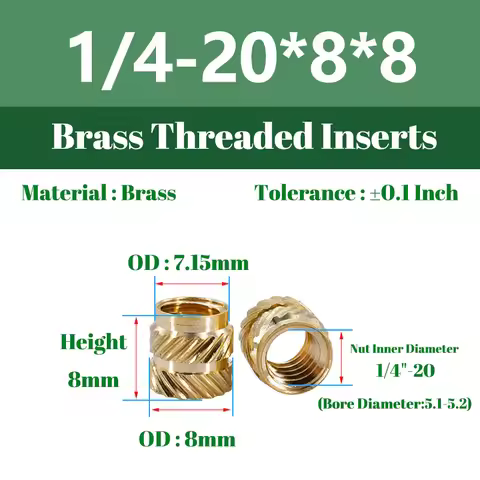 80pcs 1/4"-20 Heat Set Threaded Inserts 1/4"-20x6/8x8 Heat-Set Insert for 3D Printing Component Plas